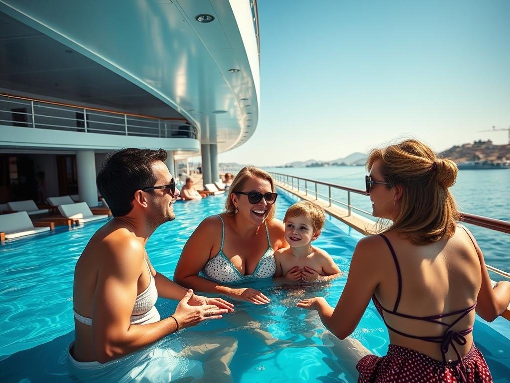 Family enjoying the pool deck of a luxury Nile cruise ship during summer with cooling misters Family enjoying the pool deck of a luxury Nile cruise ship during summer with cooling misters