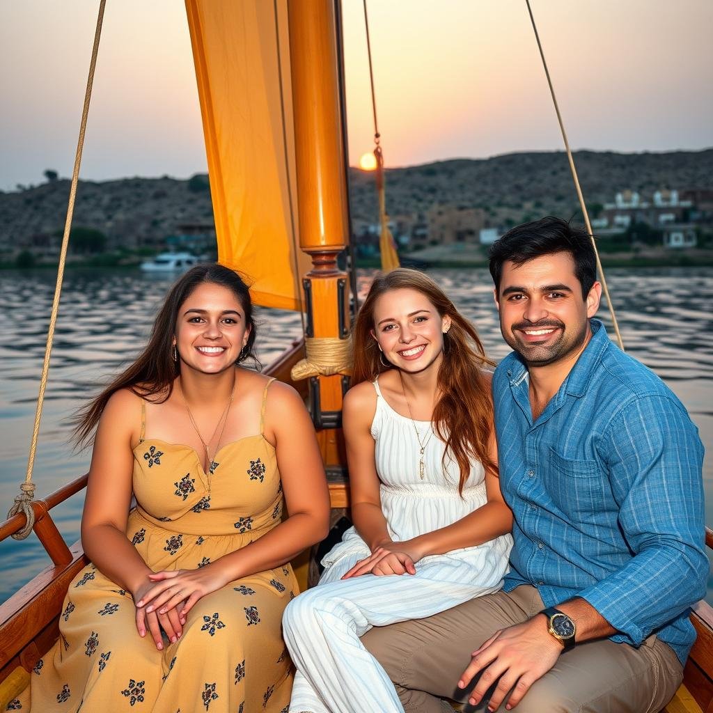 Family of four on a felucca boat on the Nile