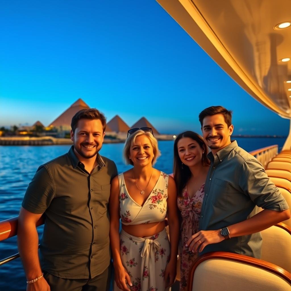 Family of four smiling on the deck of a luxury Nile cruise with pyramids visible in the background