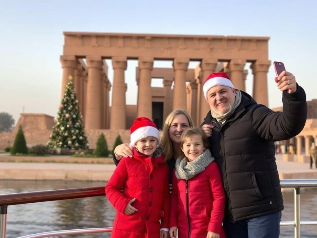 Family taking Christmas photos with an Egyptian temple backdrop during their Nile cruise