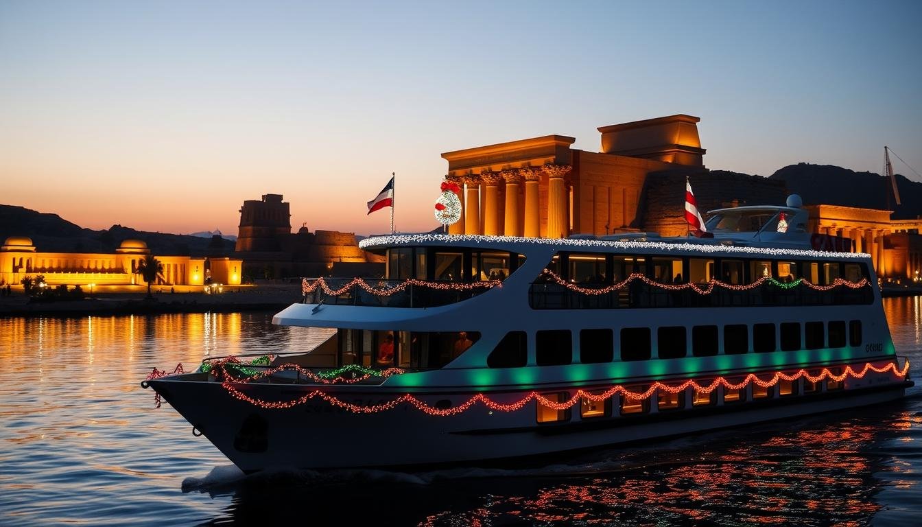 Festively decorated Nile cruise ship sailing past illuminated temples at night during Christmas season