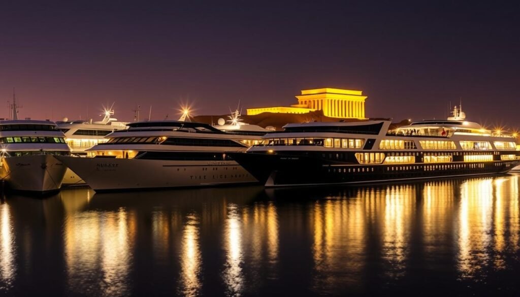 Fleet of luxury Nile cruise ships docked at Luxor with temple illuminated in background Fleet of luxury Nile cruise ships docked at Luxor with temple illuminated in background
