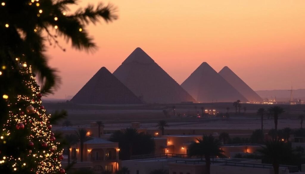 Great Pyramids of Giza with Christmas decorations in Cairo hotel visible in the foreground