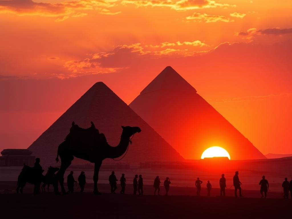Great Pyramids of Giza with camels at sunset - Best Egypt Tour Packages from UK for 2026