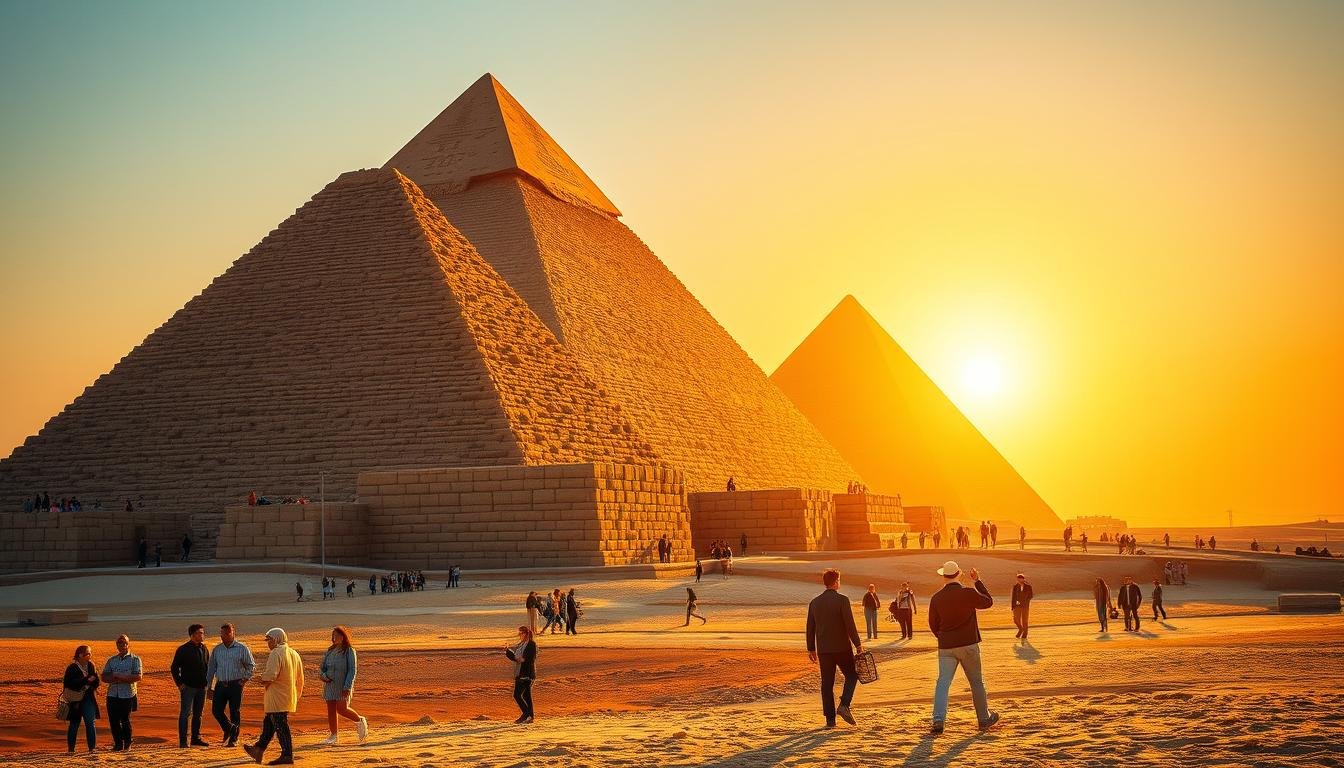 Great Pyramids of Giza with tourists exploring the ancient wonder - Best Egypt Tour Packages from UK for 2026