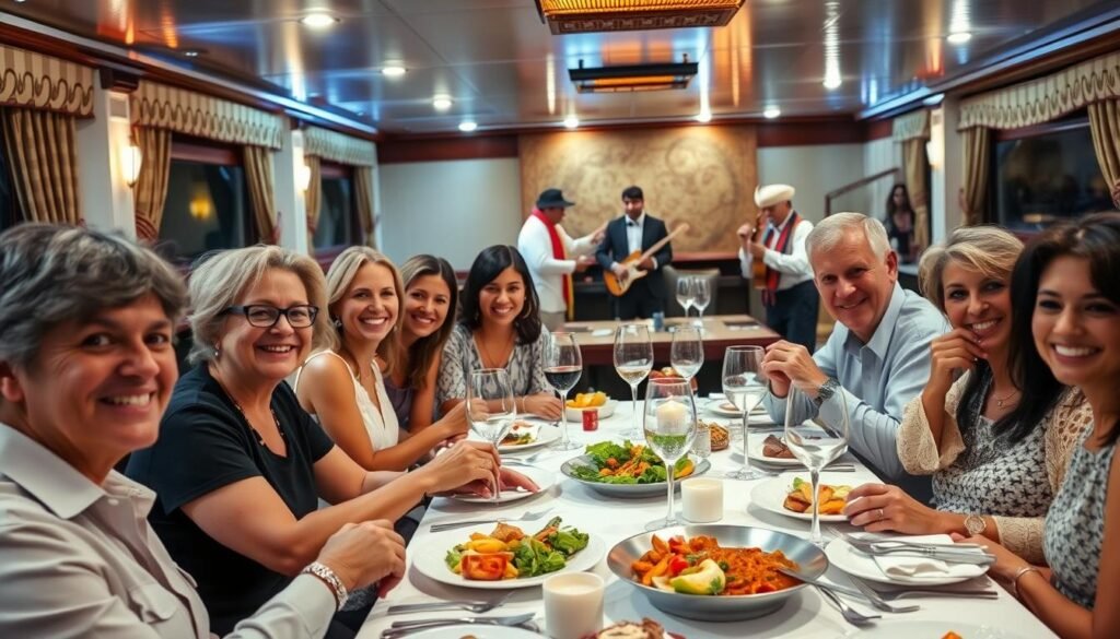 Group of happy travelers enjoying dinner on a Nile cruise ship with Egyptian entertainment Group of happy travelers enjoying dinner on a Nile cruise ship with Egyptian entertainment