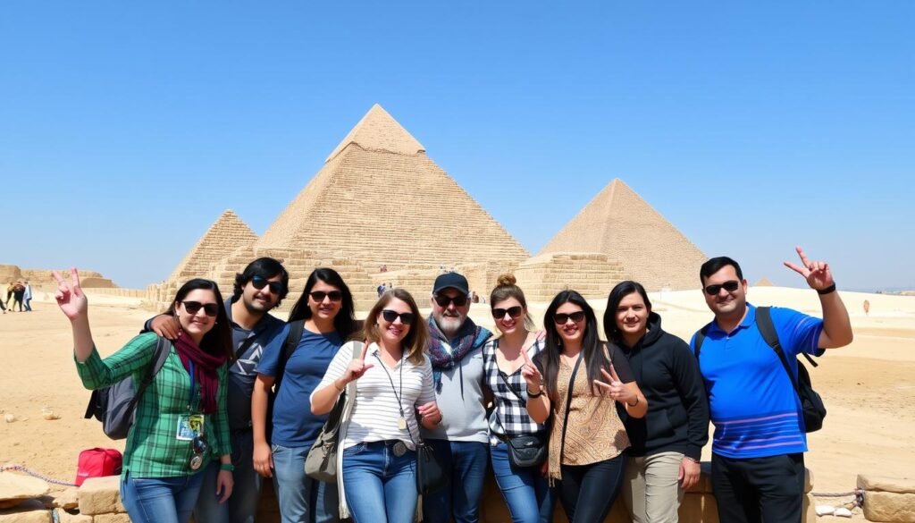 Happy Armenian tourists posing in front of the Pyramids of Giza