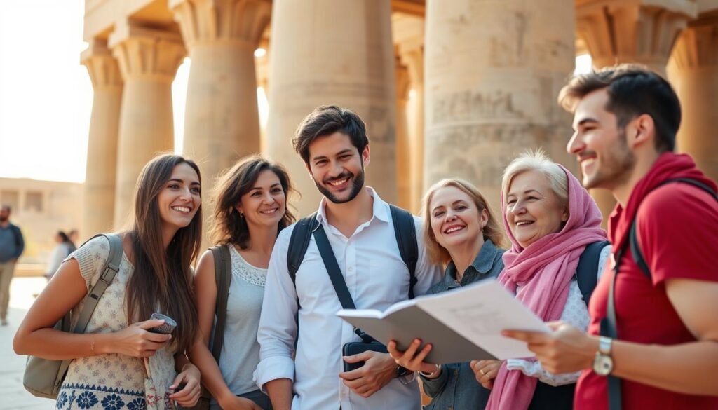 Happy British tourists with local Egyptian guide at Karnak Temple - Best Egypt Tour Packages from UK for 2026
