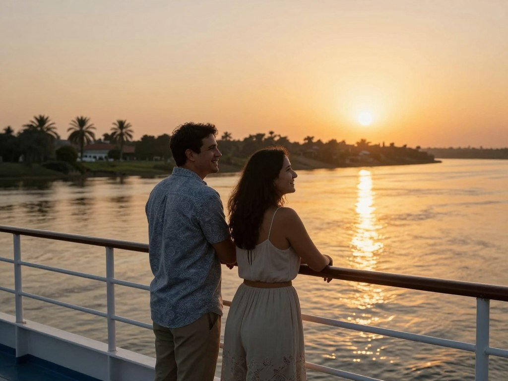 Happy couple enjoying sunset from the deck of their Nile cruise ship
