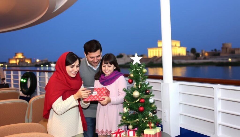 Happy family celebrating Christmas on the deck of a Nile cruise ship with temple views in the background