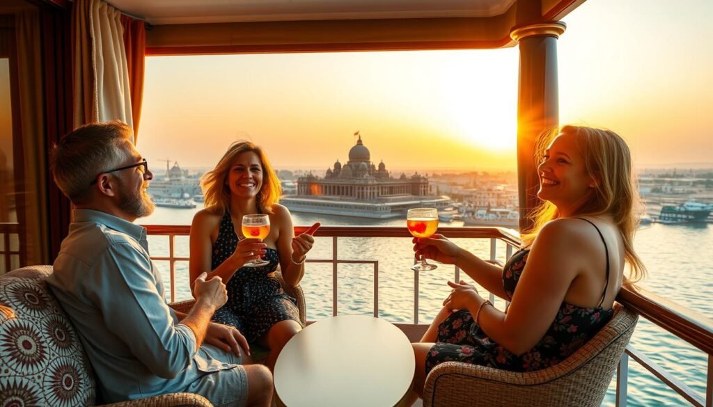 Happy luxury travelers enjoying sunset cocktails on the private balcony of their Nile cruise suite with temple views Happy luxury travelers enjoying sunset cocktails on the private balcony of their Nile cruise suite with temple views