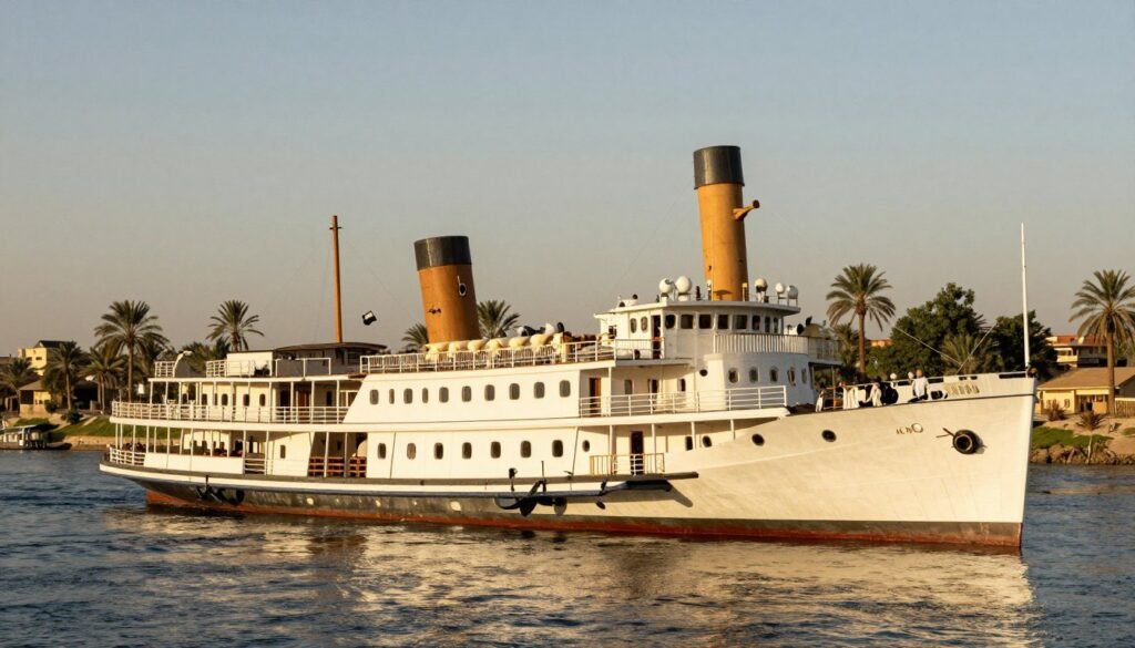 Historic SS Sudan steamship on the Nile River with vintage styling