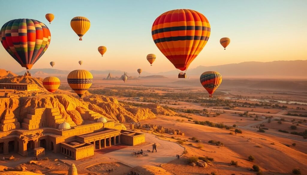 Hot air balloon ride over Valley of the Kings in Luxor at sunrise