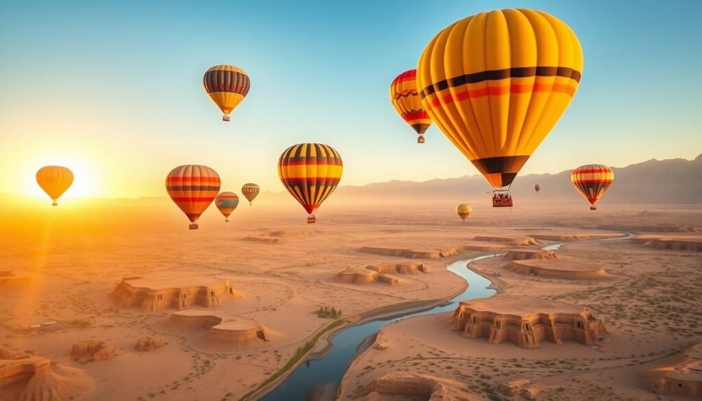 Hot air balloons flying over Luxor's West Bank at sunrise with Nile visible below