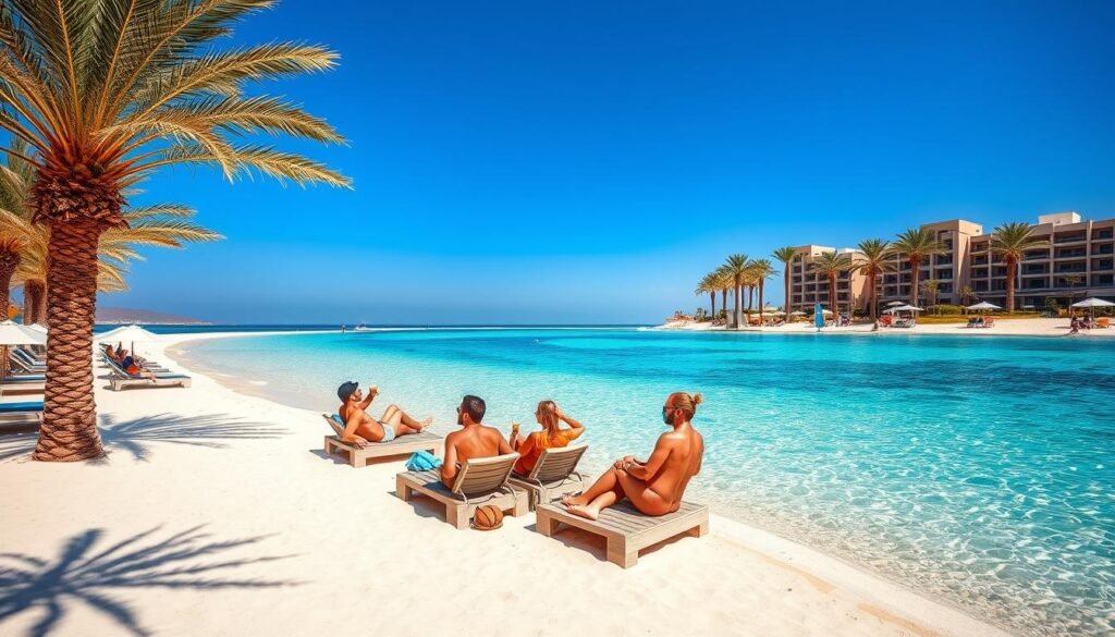Hurghada beach resort with California tourists relaxing - 9 Days in Egypt package