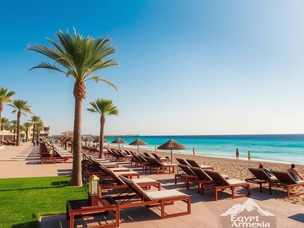 Hurghada beach resort with palm trees and Red Sea views