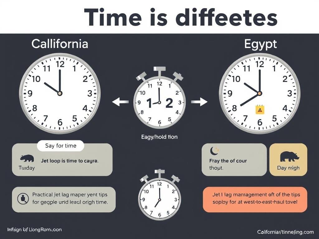 Infographic showing time difference between California and Egypt with adjustment tips