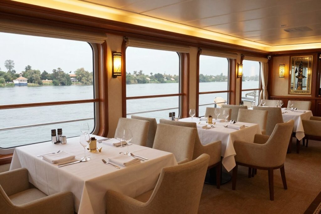 Interior of a deluxe Nile cruise ship showing elegant dining area with white linens and Nile views through large windows