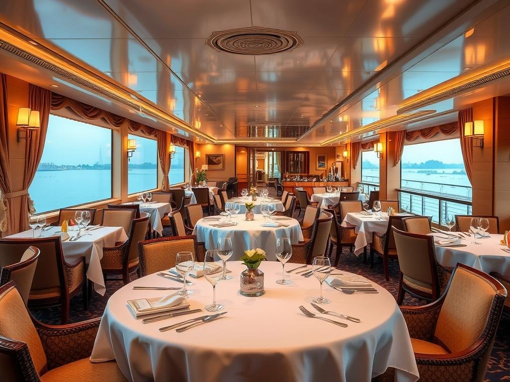 Interior of a luxury Nile cruise ship showing elegant dining area and lounge