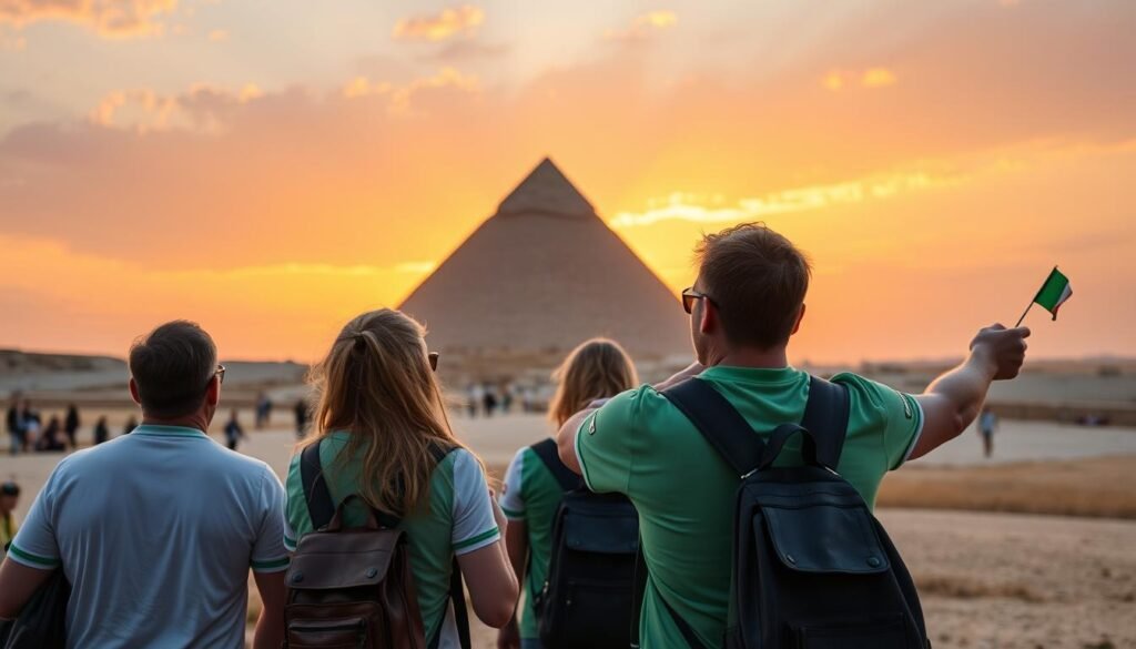 Irish travelers enjoying sunset at the pyramids during Egypt Tours from Ireland 2026/2027