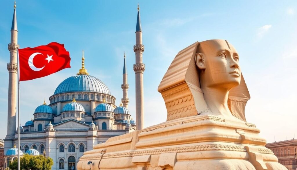 Istanbul Blue Mosque and Egyptian sphinx combined image for Egypt and Turkey Tour during Egypt Tours from Vancouver 2026/2027
