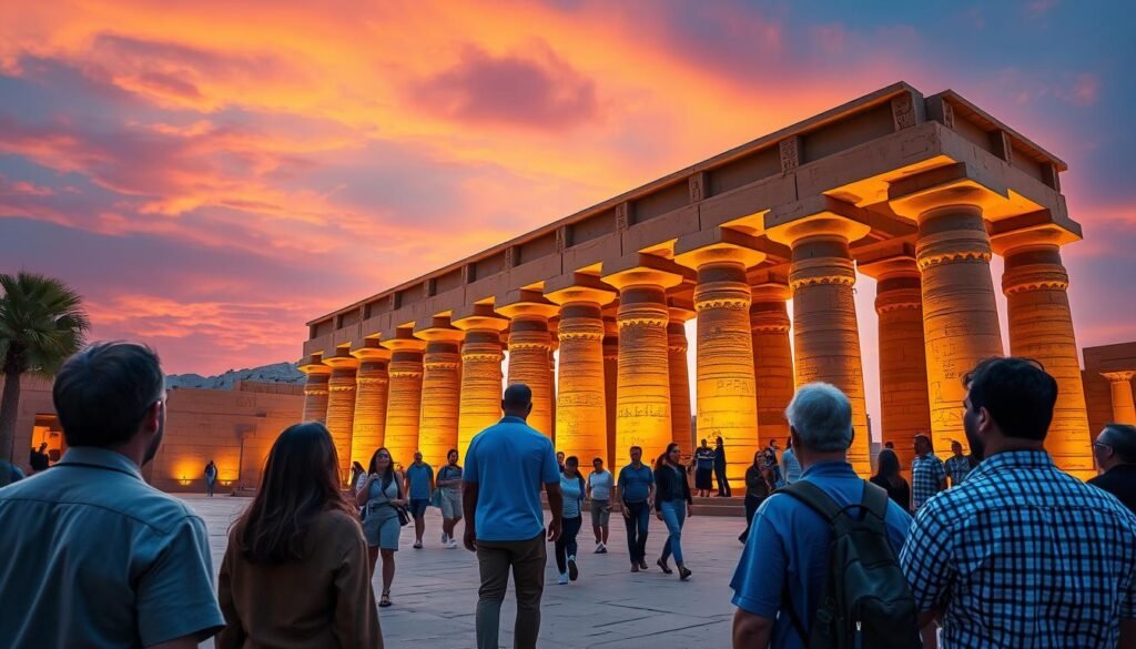 Luxor Temple at sunset with California tourists - 6 Days Affordable Egypt Tour