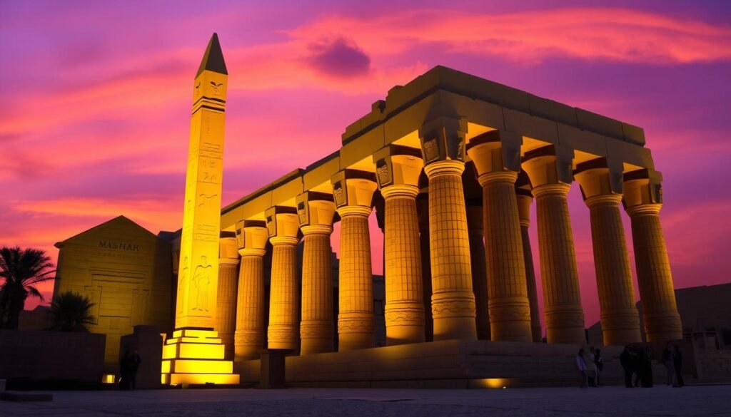 Luxor Temple at sunset with illuminated columns and obelisk