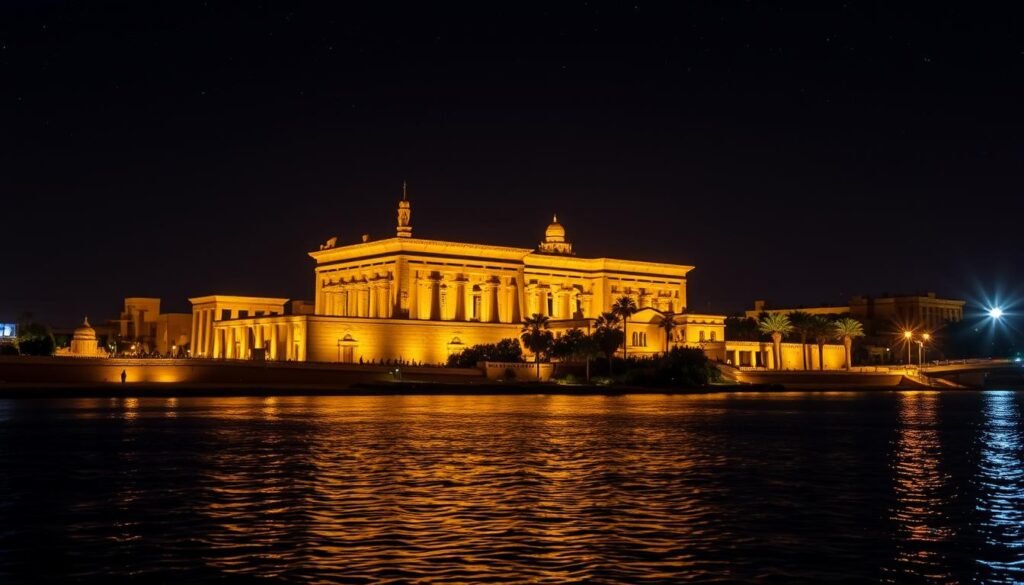 Luxor Temple illuminated at night with reflections in the Nile River