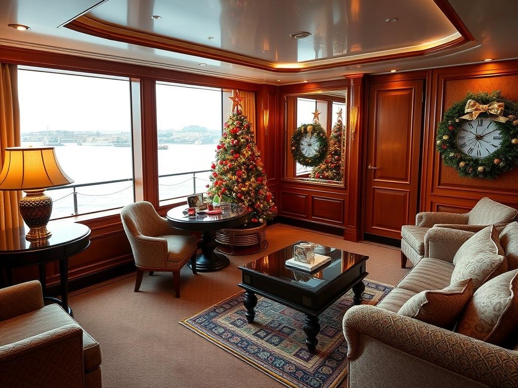 Luxurious cabin on a Nile cruise ship decorated with subtle Christmas decorations and Nile views