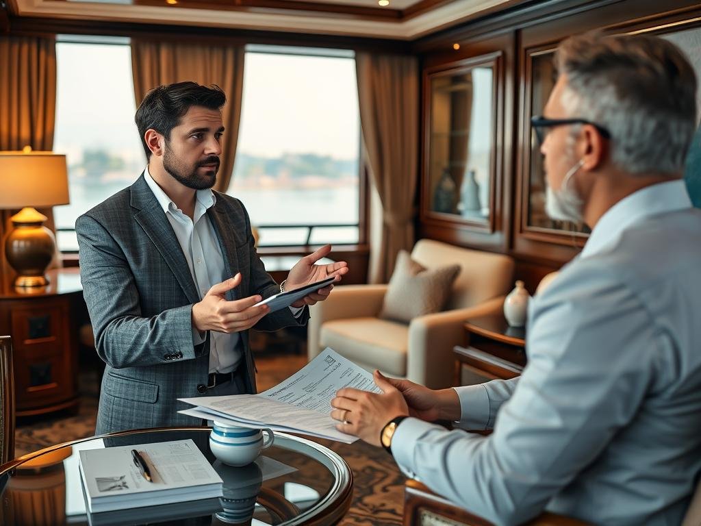 Luxury Nile cruise expert explaining premium cabin options to interested clients in an elegant office setting Luxury Nile cruise expert explaining premium cabin options to interested clients in an elegant office setting