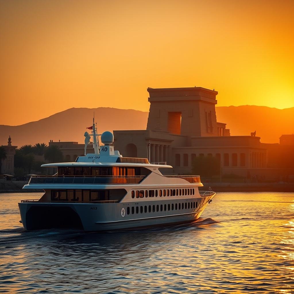 Luxury Nile cruise ship approaching Luxor Temple during golden hour with dramatic lighting