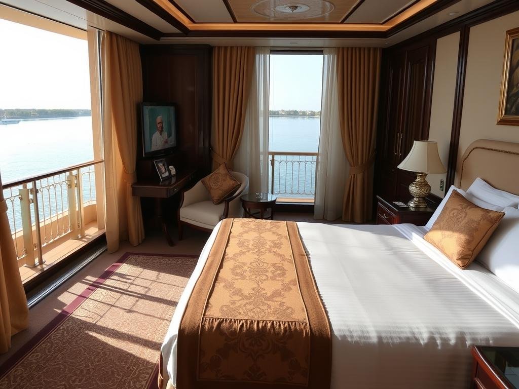 Luxury Nile cruise ship cabin interior and amenities for Egypt Tours from New York 2026/2027