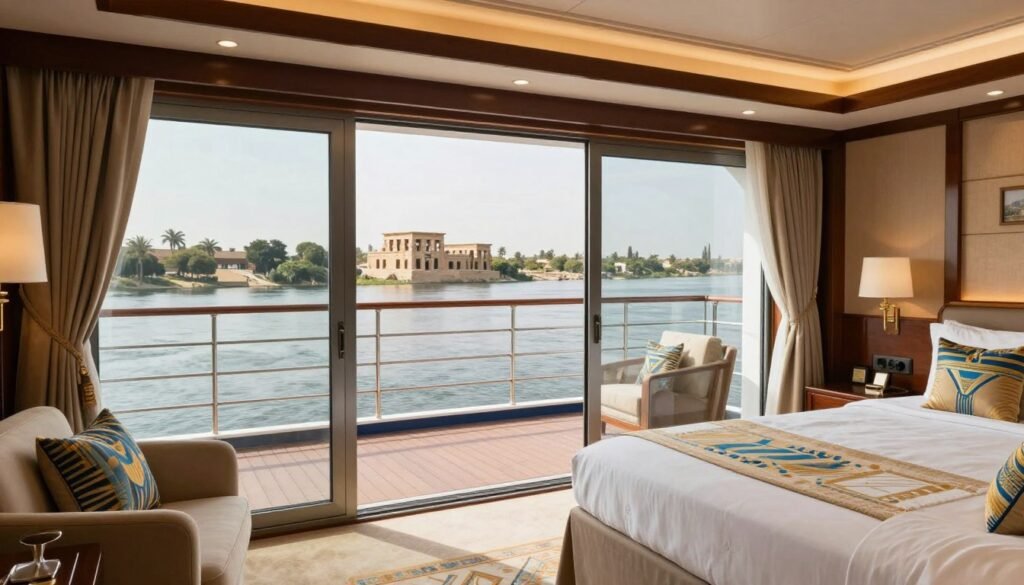Luxury Nile cruise ship cabin with balcony overlooking the river and ancient temples on the shore
