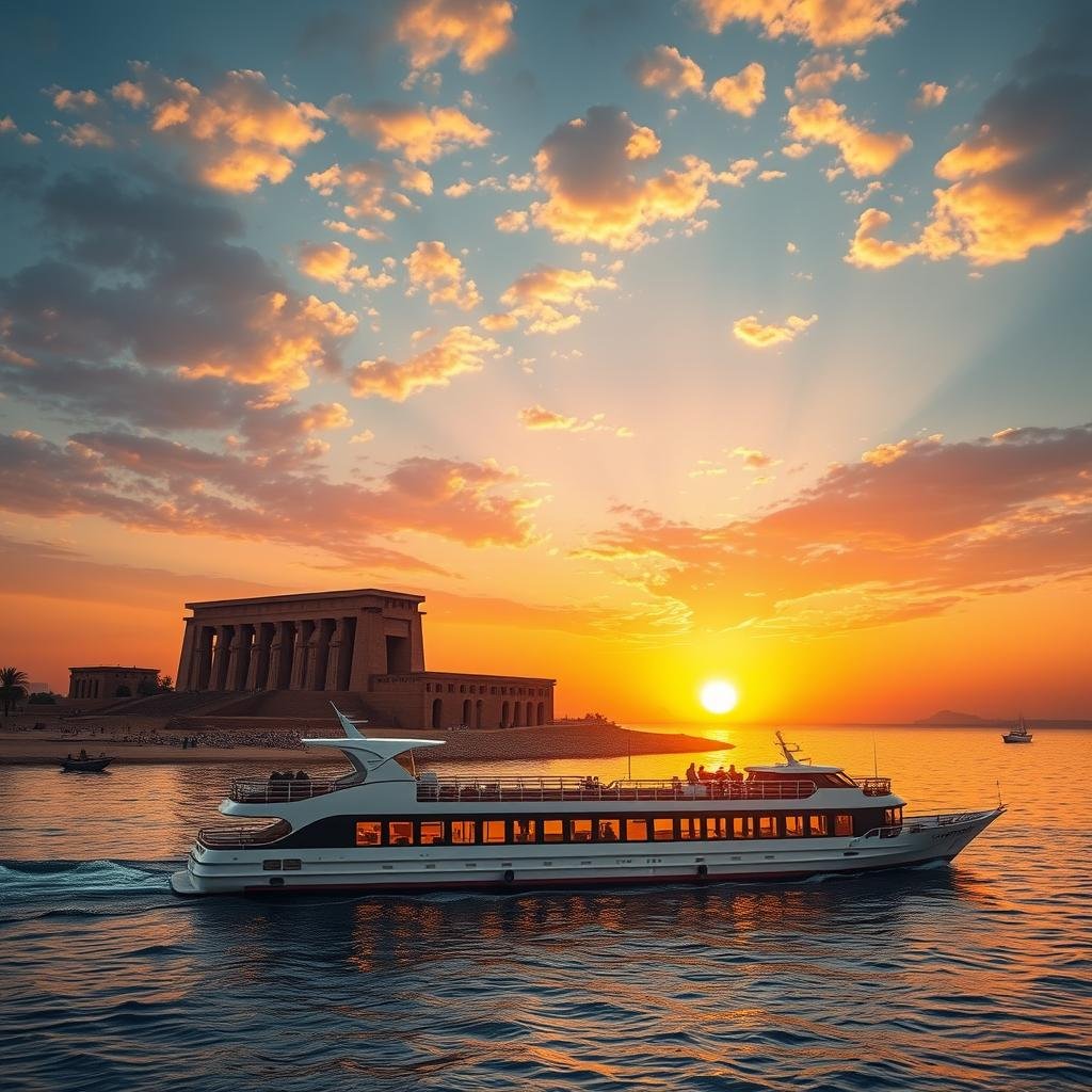 Luxury Nile cruise ship sailing past Kom Ombo Temple with dramatic sunset colors