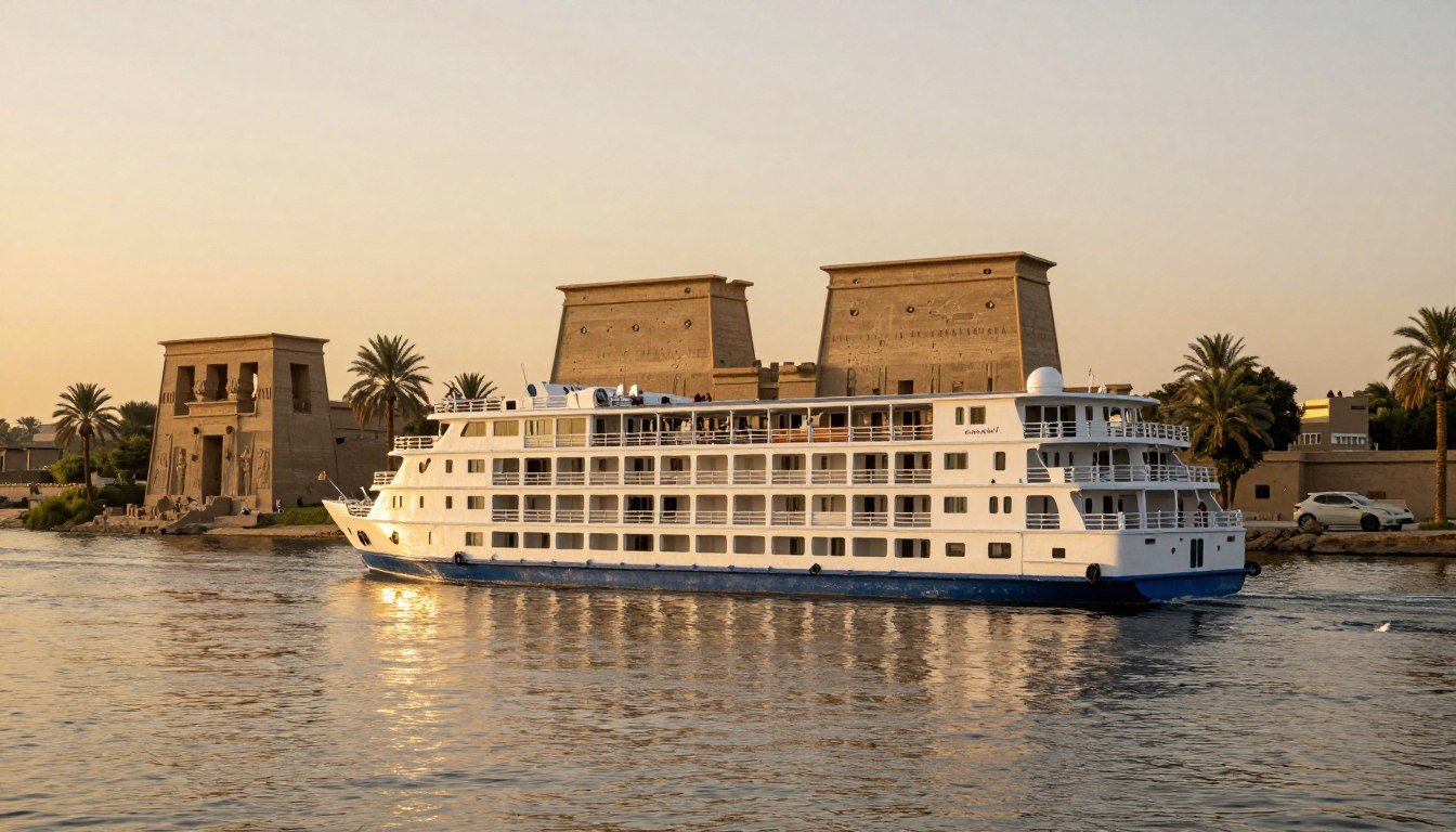 Luxury Nile cruise ship sailing past ancient Egyptian temples at sunset with palm trees lining the riverbank