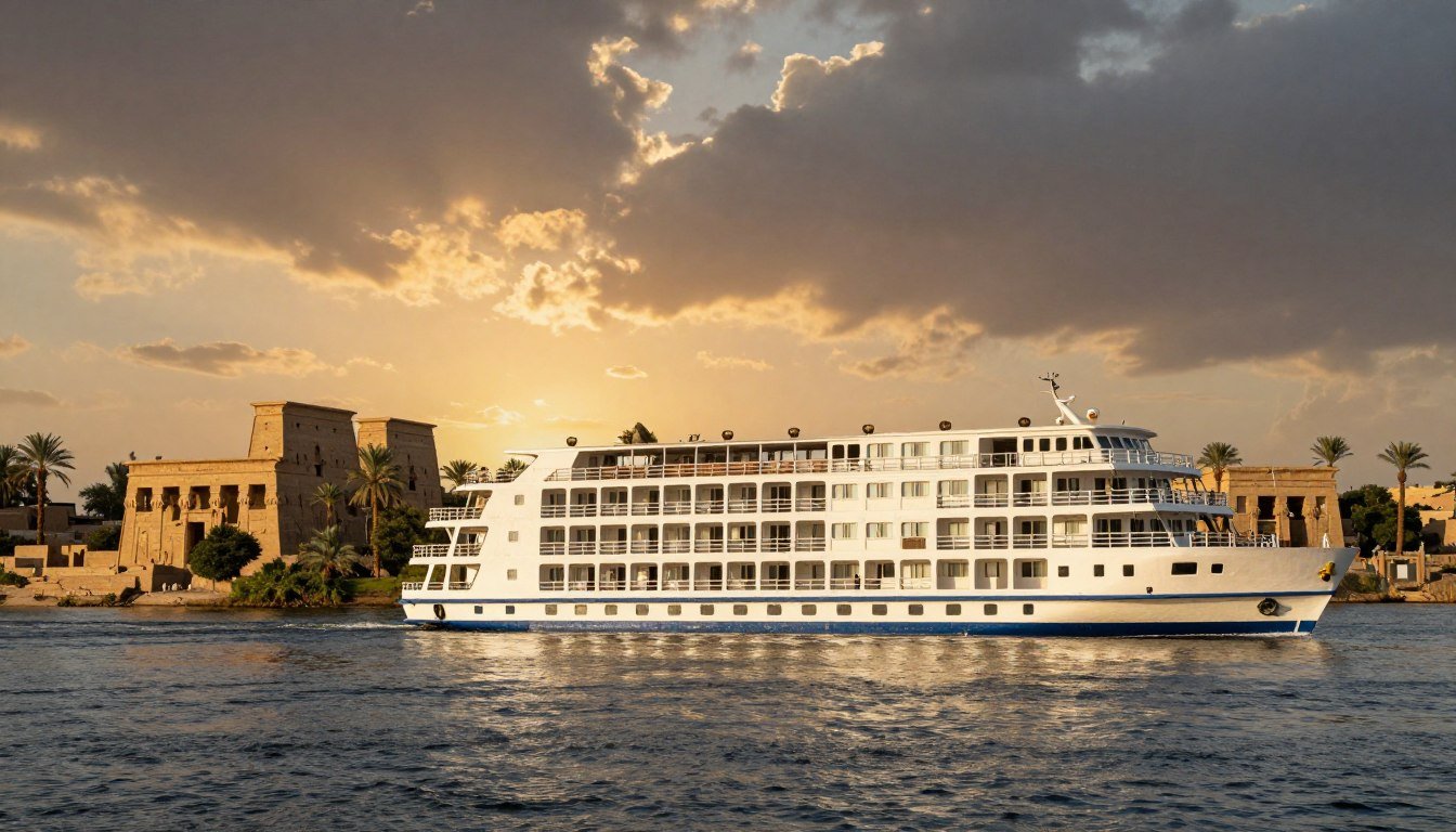 Luxury Nile cruise ship sailing past ancient Egyptian temples at sunset