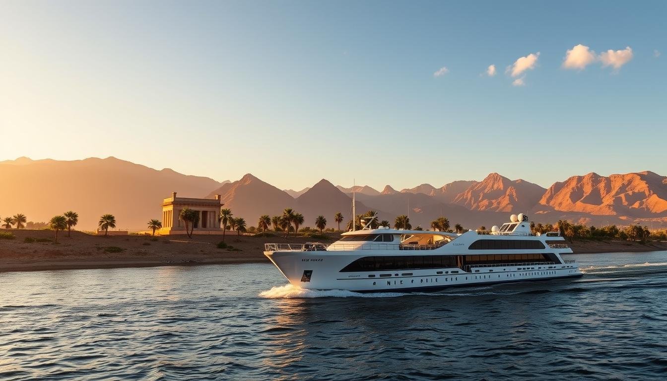 Luxury Nile cruise ship sailing past ancient Egyptian temples with palm trees and mountains in the background