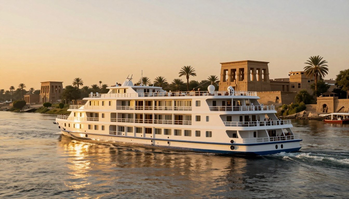 Luxury Nile cruise ship sailing past ancient Egyptian temples with palm trees lining the shore