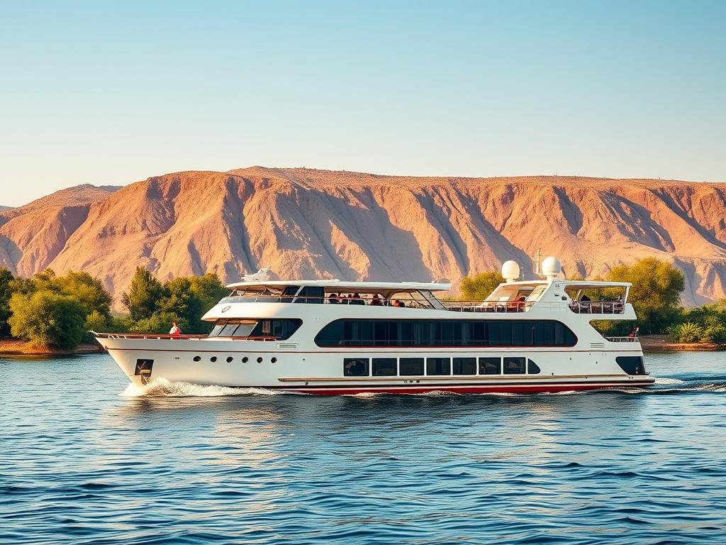 Luxury Nile cruise ship sailing past lush green riverbanks during winter season with perfect weather conditions Luxury Nile cruise ship sailing past lush green riverbanks during winter season with perfect weather conditions