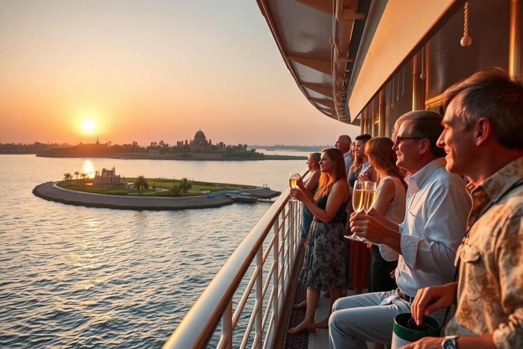 Luxury Nile cruise ship with Australian travelers enjoying sunset from observation deck - Egypt Tours from Australia 2026/2027