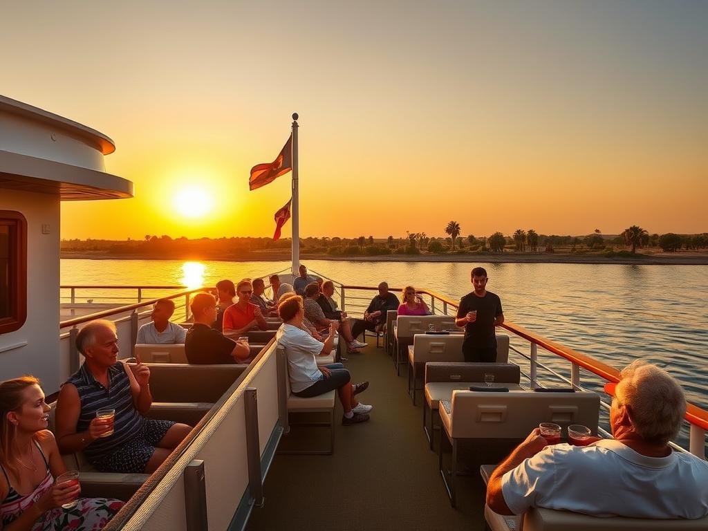 Luxury Nile cruise ship with Australian travelers enjoying sunset from the deck - 7 Days Cairo & Nile Cruise for 2026/2027