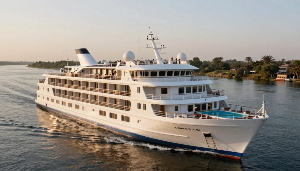 Luxury Nile cruise ship with elegant interiors, spacious cabins with balconies, and premium amenities
