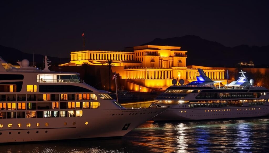 Luxury Nile cruise ships docked at Luxor with the magnificent Luxor Temple illuminated at night in the background Luxury Nile cruise ships docked at Luxor with the magnificent Luxor Temple illuminated at night in the background