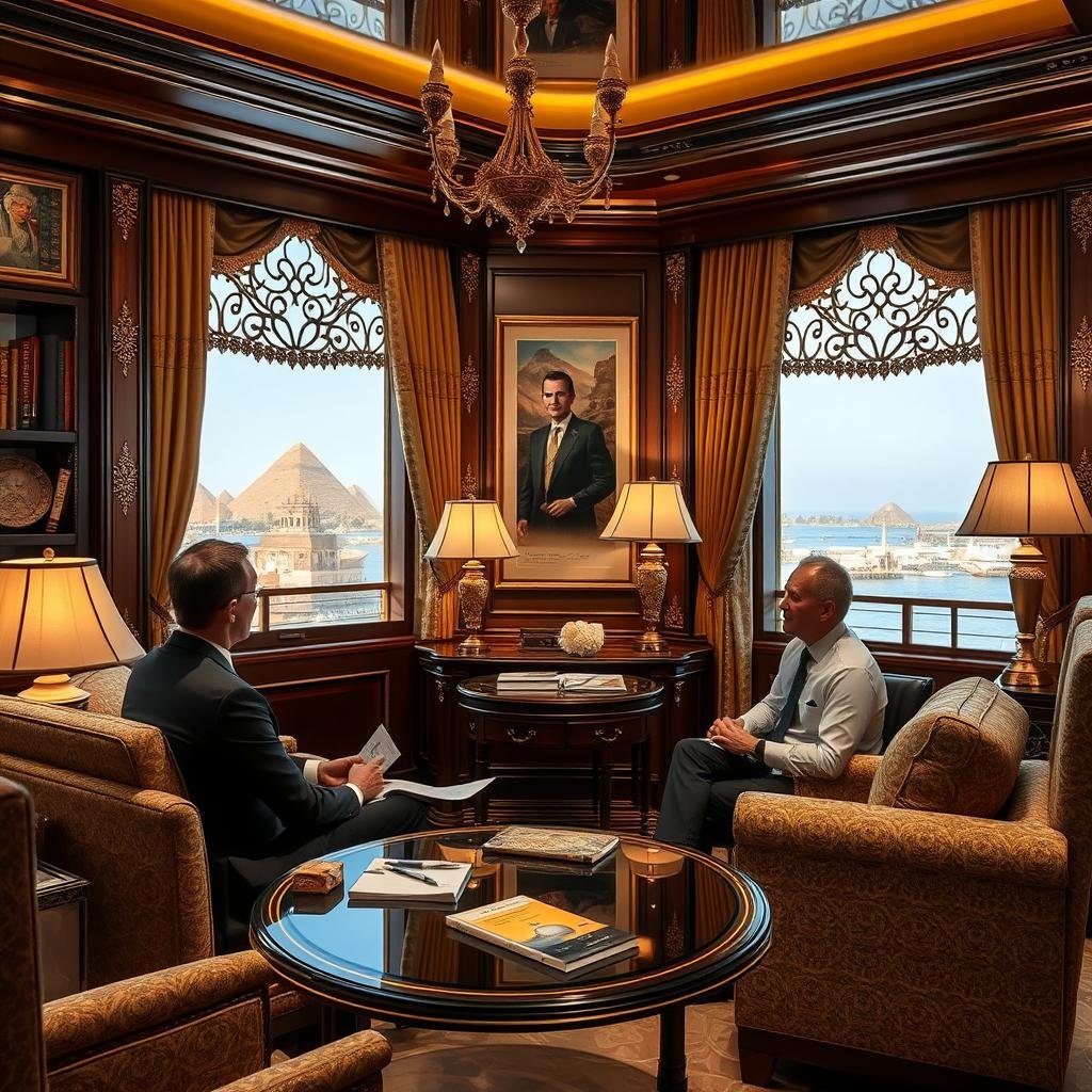 Luxury travel consultant with extensive Egypt knowledge discussing Nile cruise options with clients