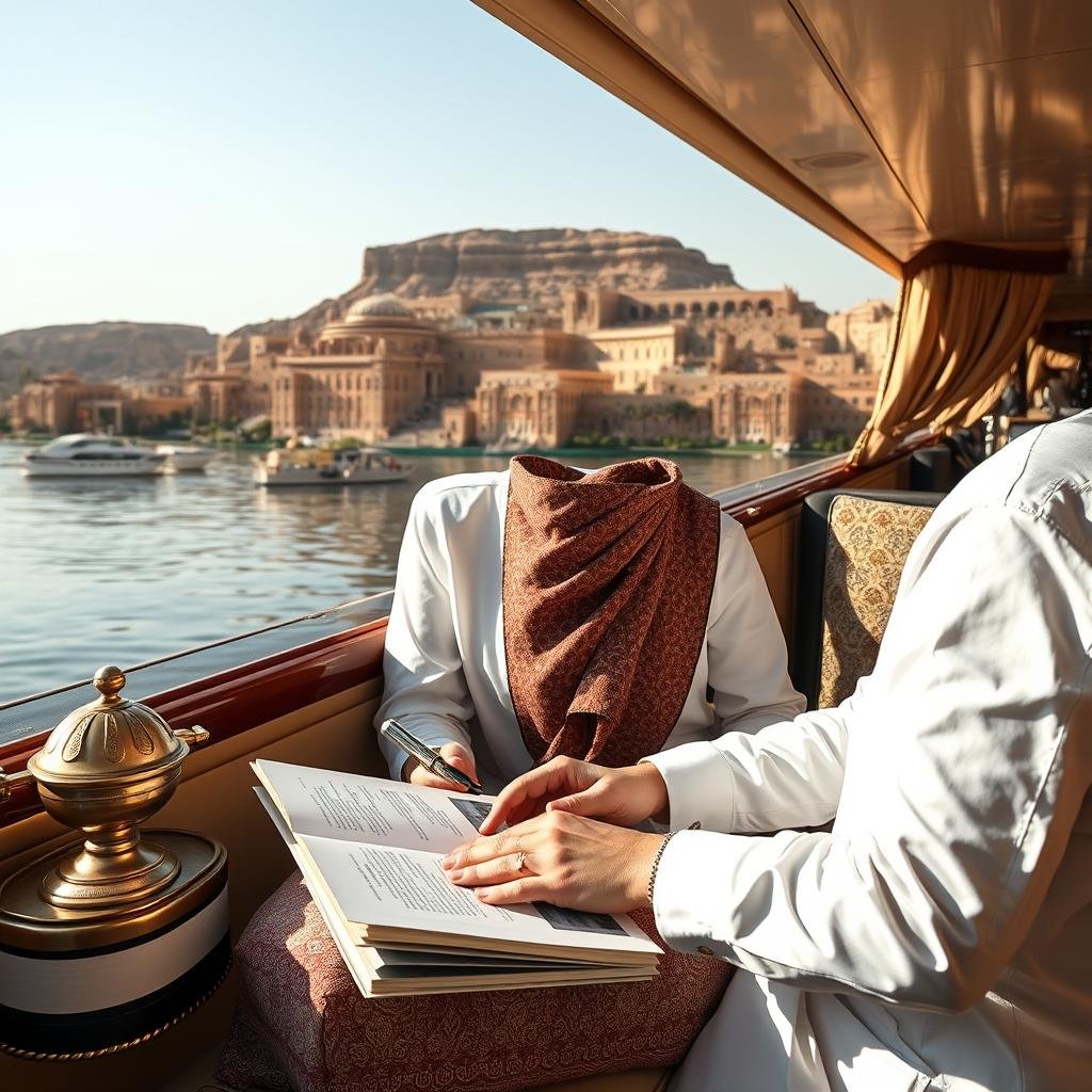 Luxury travel specialist preparing custom Nile cruise proposal with elegant brochures and materials