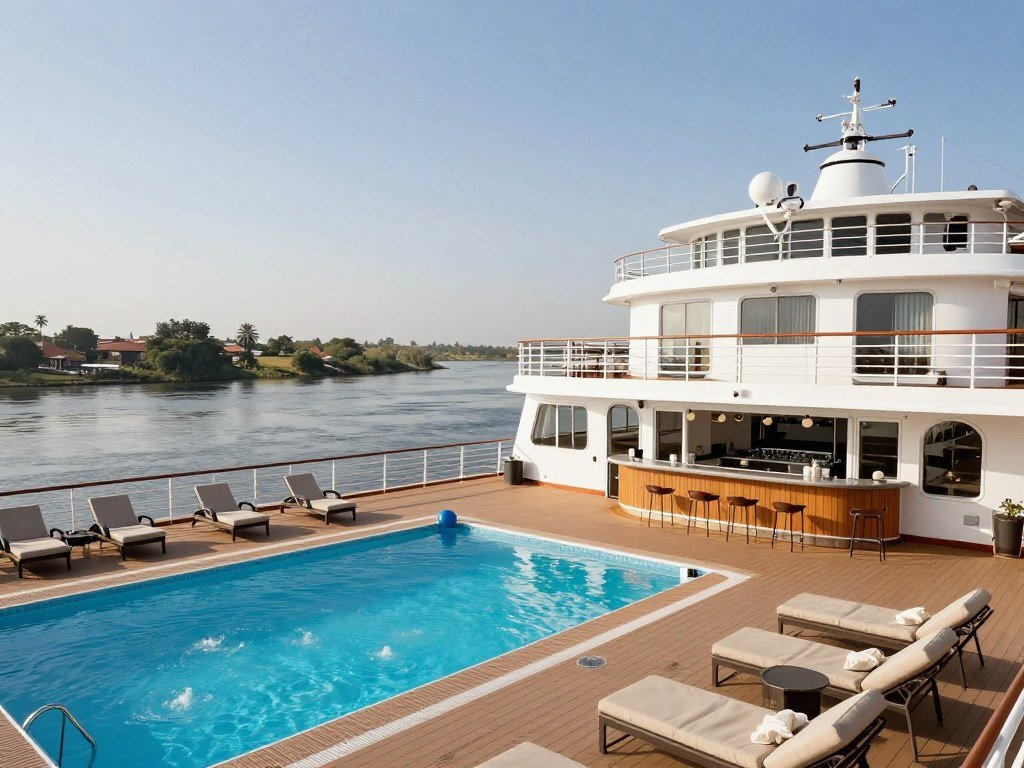 MS Mayfair sun deck with swimming pool and lounge area