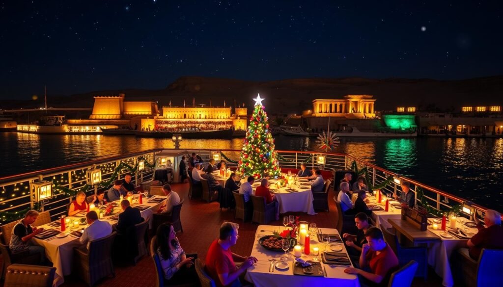 Magical Christmas Eve celebration on a Nile cruise ship with temples illuminated in the background