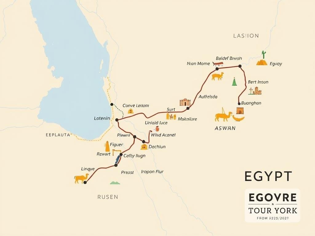Map of Nile cruise route from Luxor to Aswan showing key temples for Egypt Tours from New York 2026/2027
