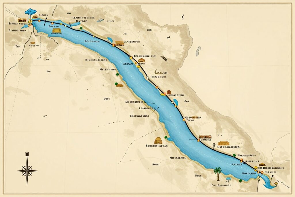 Map of a typical Nile cruise route showing stops at Luxor, Edfu, Kom Ombo, and Aswan with temple icons