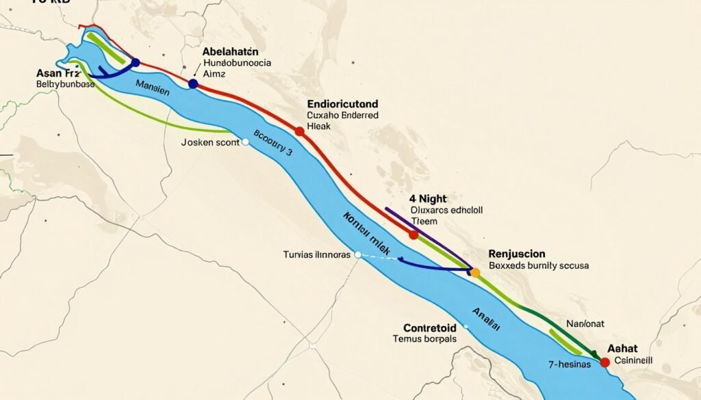 Map showing different Nile cruise itineraries between Luxor and Aswan